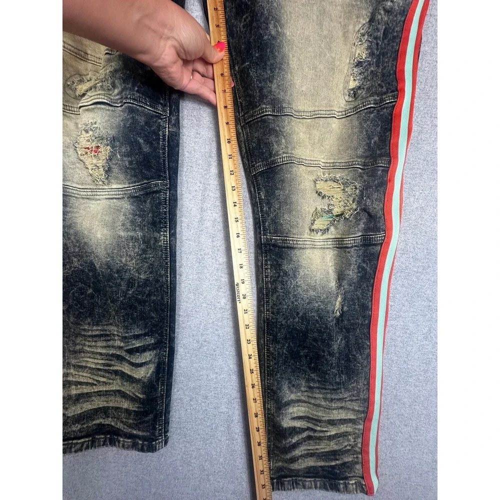Makobi Jeans Mens 46x34 Blue Acid Wash Distressed Side Stripe Moto Streetwear